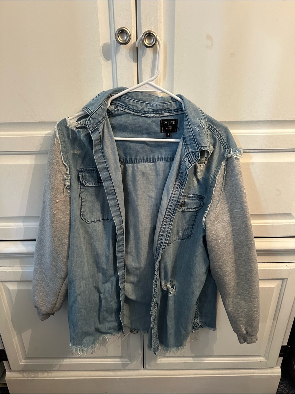 Light Wash Denim Jacket with Gray Knit Sleeves